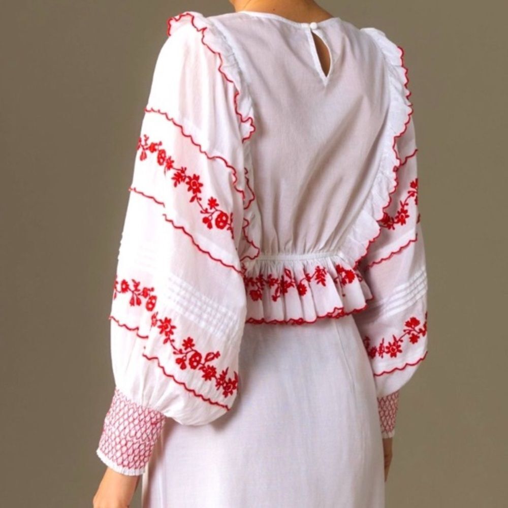 NEW FARM Rio Off-White with Red Embroidered Long Sleeve Blouse Cotton Size XXS - Picture 6 of 16